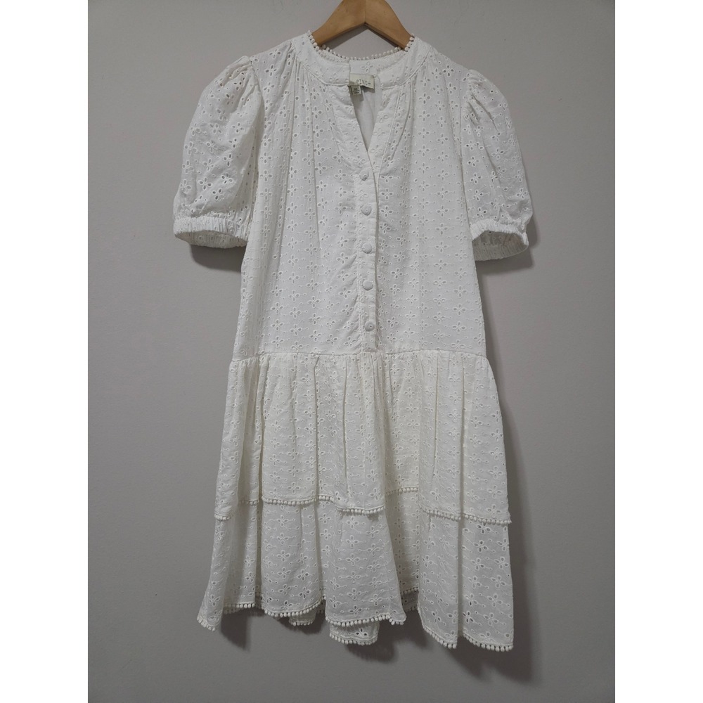 Pinch White Eyelet Cotton Tiered Mini Dress Puff Sleeve Pom Pom‎ Trim Medium